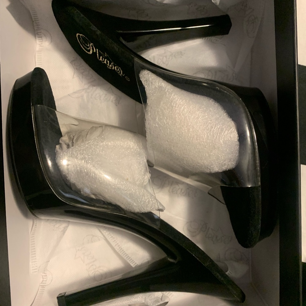 Pleaser Black Pig Suede Clear Heels, NWB, 7